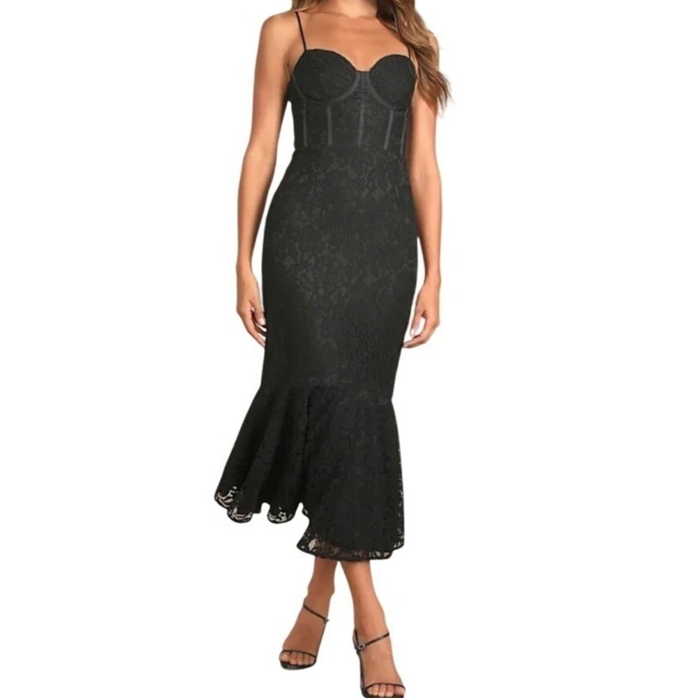 NWT Lulus Found Your Love Black Lace Sleeveless Trumpet Midi Dress M Bustier